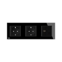 Priza tripla cu rama din sticla Livolo, 2 prize simple + TV/internet, Negru