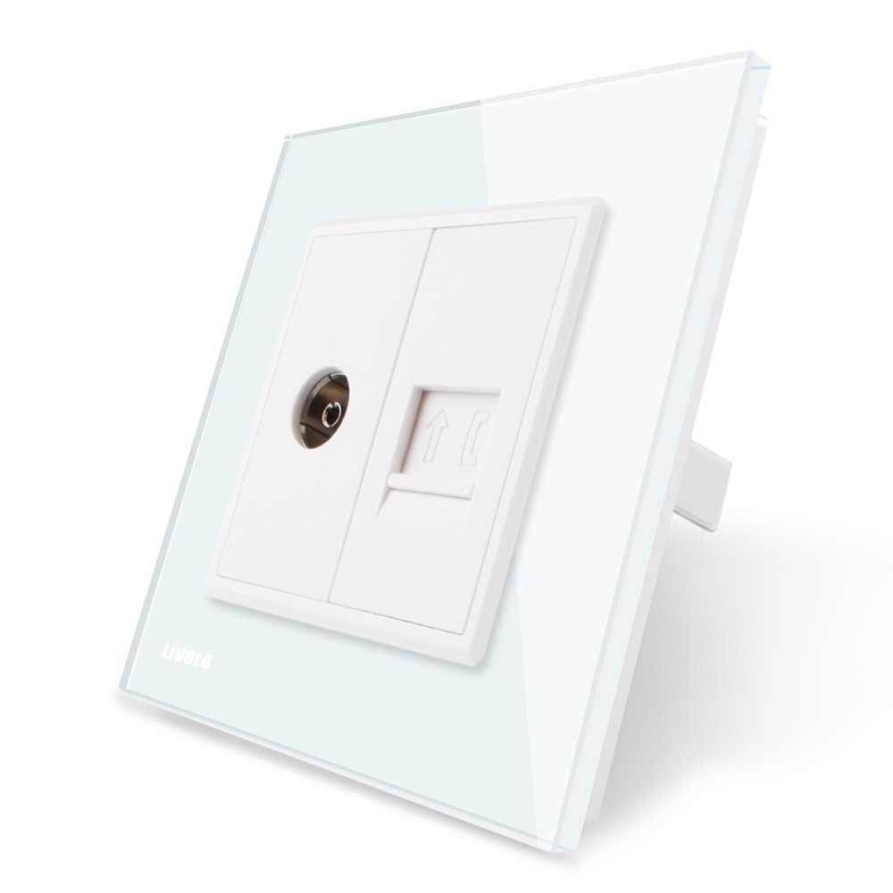 Priza dubla TV + Telefon Livolo cu rama din sticla, Alb