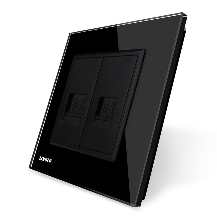 Priza dubla Telefon Livolo cu rama din sticla negru, VL-C792T-12