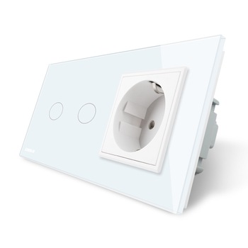 Intrerupator dublu + priza simpla Livolo rama din sticla, Alb Intrerupator dublu + priza simpla Livolo rama din sticla, Alb