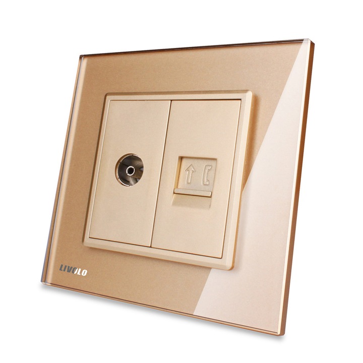 Priza dubla TV + Telefon Livolo cu rama din sticla auriu, VL-C791VT-13