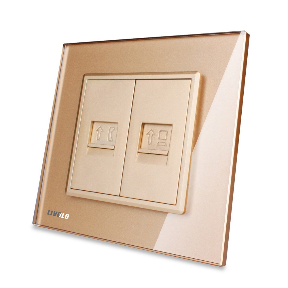 Priza dubla Telefon + Priza internet Livolo cu rama din sticla, Auriu