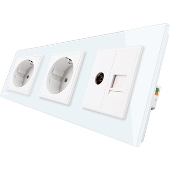Priza tripla cu rama din sticla Livolo, 2 prize simple + TV/internet, Alb Priza tripla cu rama din sticla Livolo, 2 prize simple + TV/internet, Alb