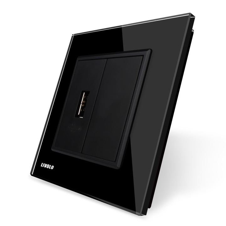 USB контакт Livolo, Стъклена рамка, Черен
