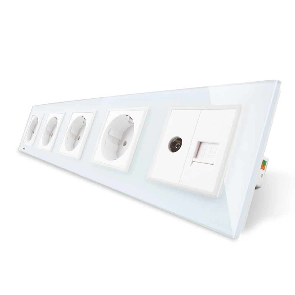 Priza cvintupla + priza TV Internet Livolo cu rama din sticla, Alb
