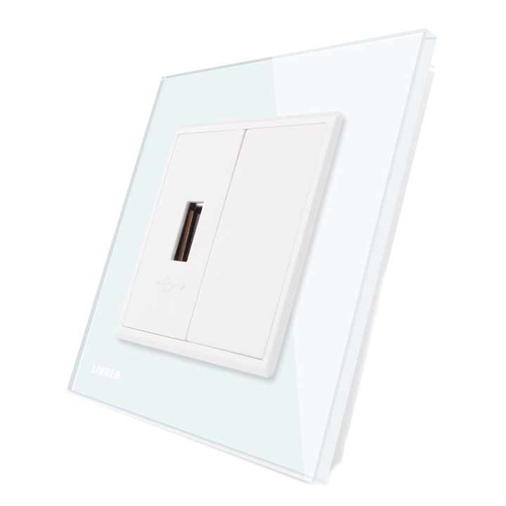 Priza USB Livolo cu rama din sticla, Alb