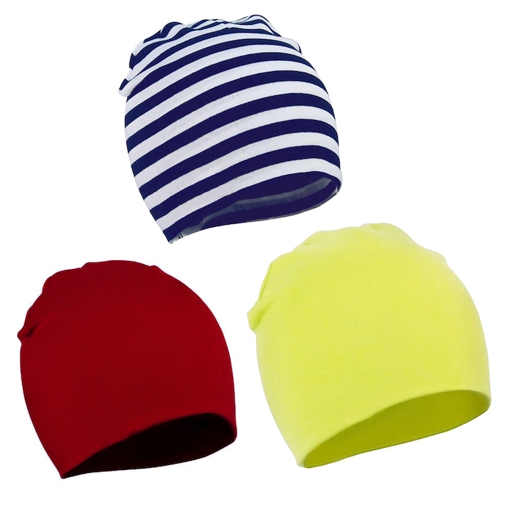 Комплект от 3 броя бебешки шапки, изработени от чист памук, 3 размера и 3 цвята