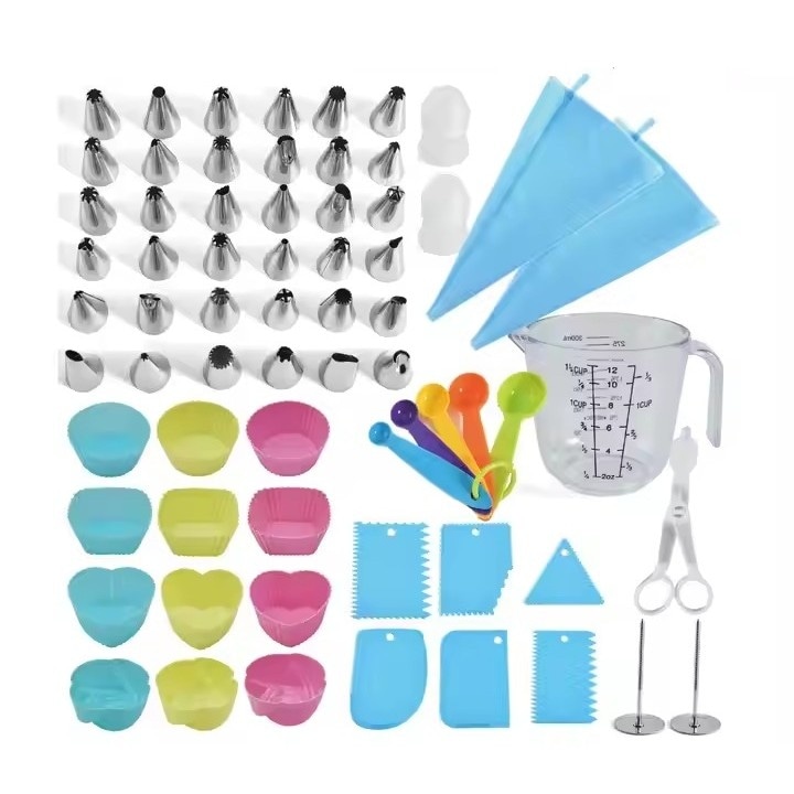 Set 63 Piese Ustensile pentru Ornare Prajituri Cyrax, din Plastic si Otel Inoxidabil, Forme Briose, Multicolor