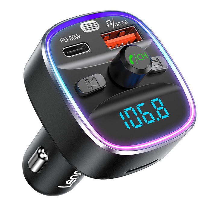 LENCENT® FM modulátor, Bluetooth 5.4, adó autós adapter 2 USB porttal, gyorstöltés 48W [PD 30W és 18W]、USB memóriakártya / TF kártya támogatása, kihangosított hívások,7 világítási mód