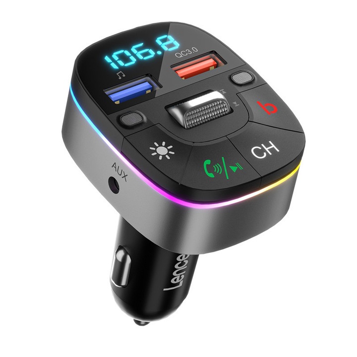 LENCENT® autós Bluetooth FM modulátor, USB-A QC3.0 Gyors töltés& U disk olvasó port, 9 szín LED környezeti fény, kihangosító hívás támogatás, Siri/Google Asszisztens aktiválás, 3.5mmAUX kimenet port
