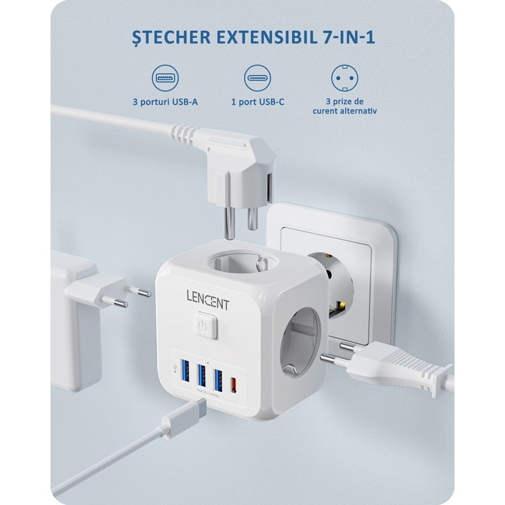 Stecher Priza Multipla de Perete cu USB LENCENT®,3 prize Schuko+3 USB A+1 USB C, Max 4000W, Compact Euro Extensie Triplu Stecher, Comutator Independent, Protectie Supratensiune si Siguranta Copii, Casa, Birou Dormitor etc