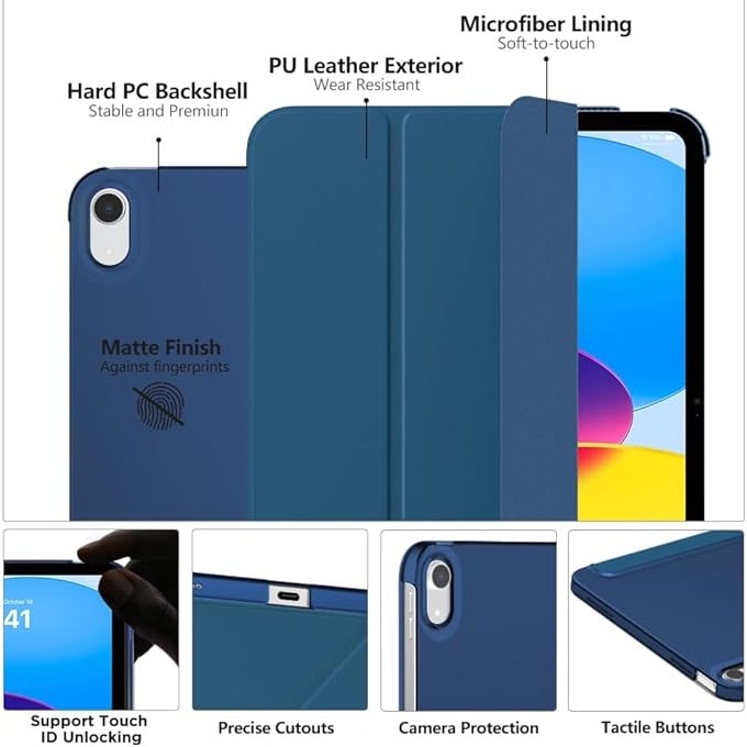 Husa Protectie Flip pentru iPad 10 2022/2024, iPad 11 2025, Model Carte, Pliabila pentru Suport, Bleumarin