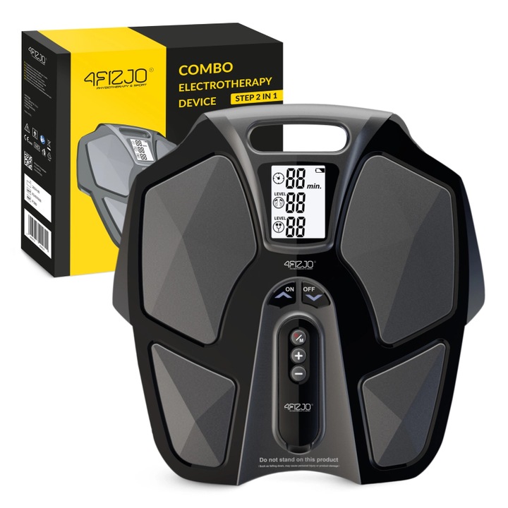 Electrostimulator, 4FIZJO, 2in1, pentru picioare si picioare, maner de transport, 2 programe, intensitate 0 - 90, timp de tratament 10 - 90 minute, 36.7 x 36 x 8 cm, ecran LCD, contor timp de antrenament, indicatie de inertie, negru