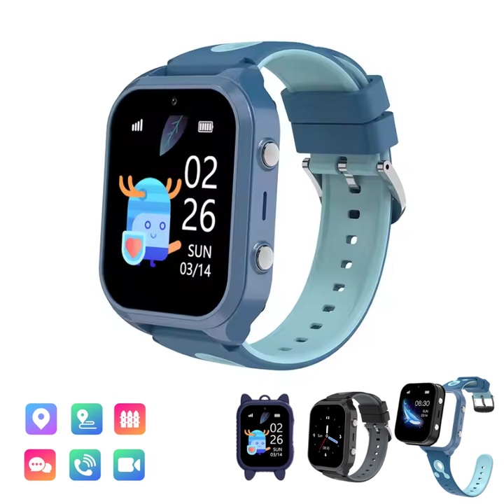 Детски смарт часовник Lommad®, 4G, прецизна GPS WIFI LBS локация, функция Geo Fence, шпиониране, видеообаждане, SOS бутон, слот за SIM карта, 1,83" IPS сензорен екран, HD камера, управление на приложението, съвместим телефон с Android iOS, син