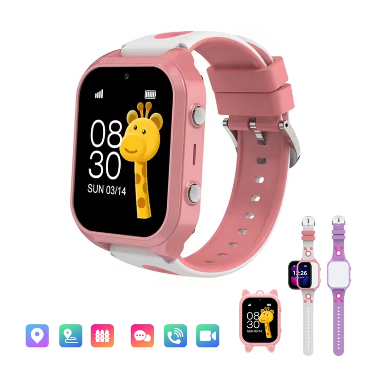 Детски смарт часовник Lommad®, 4G, прецизна GPS WIFI LBS локация, функция Geo Fence, шпионско наблюдение, видеообаждане, SOS бутон, слот за SIM карта, 1,83" IPS сензорен екран, HD камера, управление на приложението, съвместим телефон с Android iOS, розов