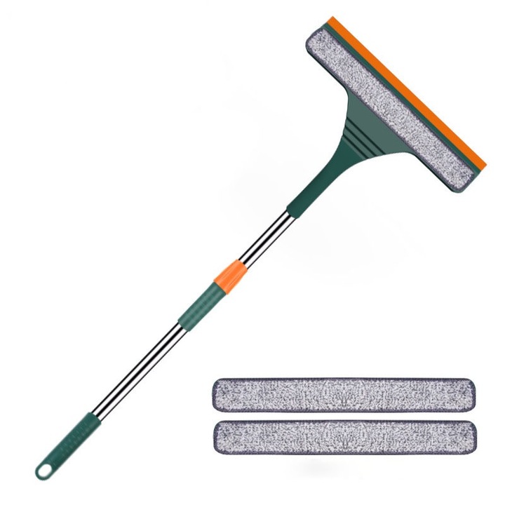 Stergator geam 2 in 1, verde, lungime ajustabila 122 cm, cu cap de silicon si carpe din microfibra