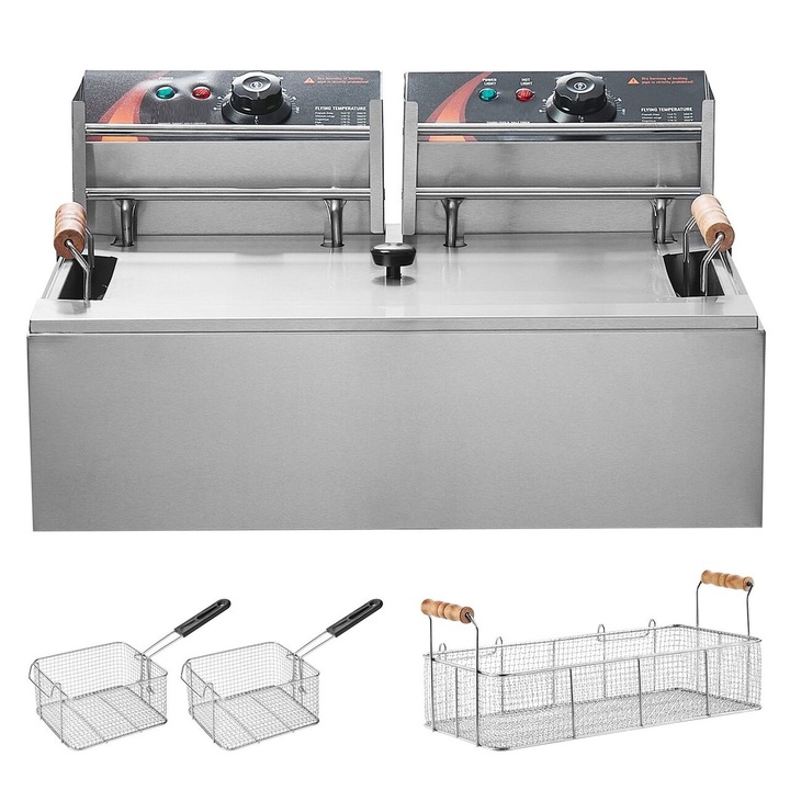 Friteuza profesionala Inox, 2 x 2500 W, Capacitate 12 l, dimensiune 540x449x303 mm, 60°C - 200°C
