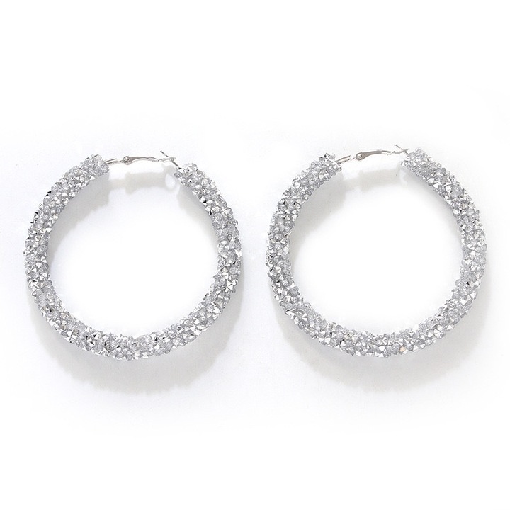 Ezüst karika fülbevaló strasszokkal, 5 cm, női szett