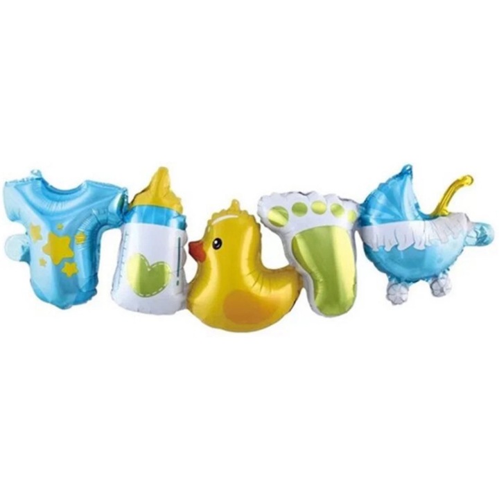 Balon Ghirlanda cu minifigurine Hainuta, Biberon, Ratusca, Talpa, Carucior, 96 cm, Albastru