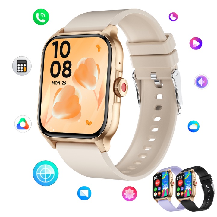 Дамски смарт часовник Lommad®, Full HD сензорен дисплей, 1.85", водоустойчив екран, bluetooth, гласов асистент, известия, наблюдение на физическата активност, здраве, сън, пулс, оксиметър, крачкомер, менструален цикъл, бежов