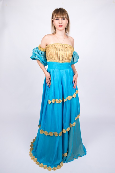 Уникална тюркоазена рокля от естествен копринен воал с плетен корсаж, УНИКАТ, размер S