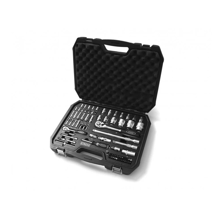 Set scule 79 de piese STROXX cu doua chei de antrenare cu clichet ½ si ¼, biti si chei diferite marimi, in geanta din plastic