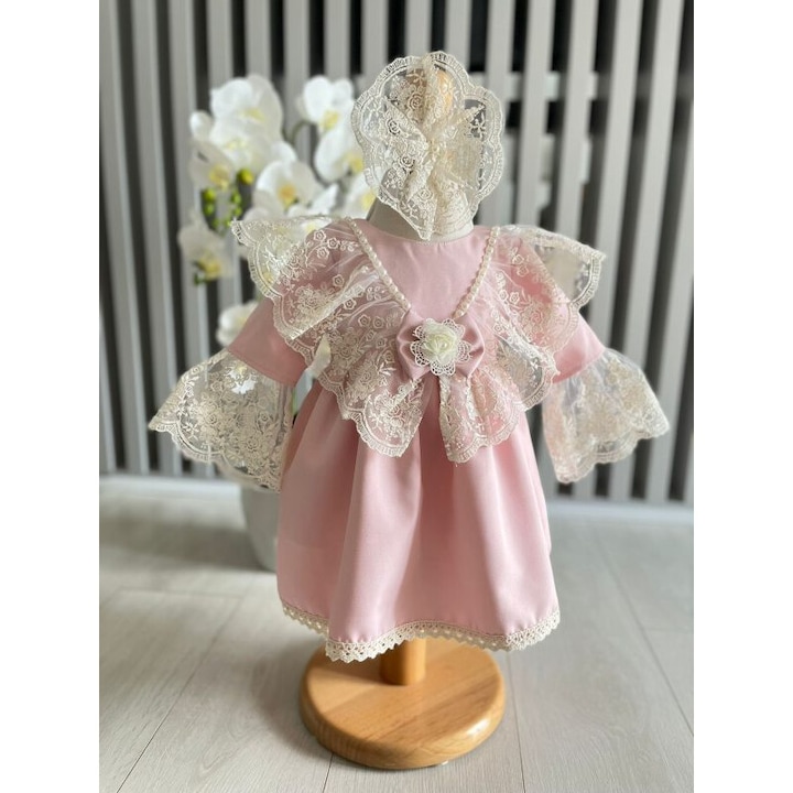 Rochita botez Barbie cu dantela brodata, cu bentita, culoare roz praf 0-4 luni, Gabrielle Bebe, GBR04/100