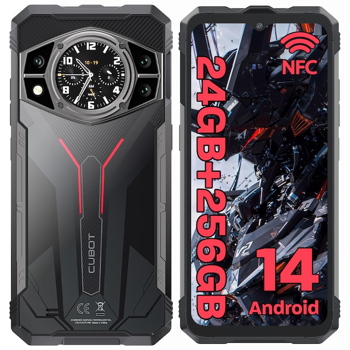 CUBOT Kingkong AX mobiltelefon, Android 14 – 24GB + 256GB/1TB Építkezési okostelefon, 5100mAh100MP, 6,58" FHD + 120 Hz, 1,32" hátlap, fekete
