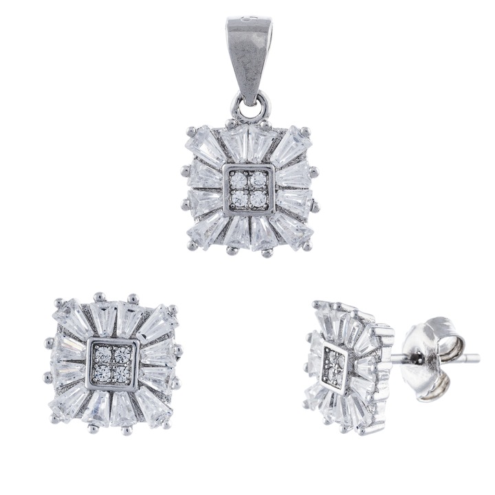 Set din argint 925 rodiat (cercei+pandantiv), Piatra: zirconia fatetata si cubic zirconia, Culoare: transparenta, Sonis Silver