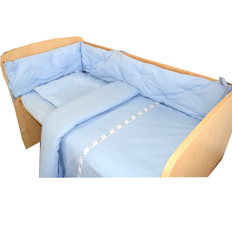 Lenjerie patut cu broderie, set lenjerie patut 5 piese, lenjerie patut bumbac, bleu, brodata