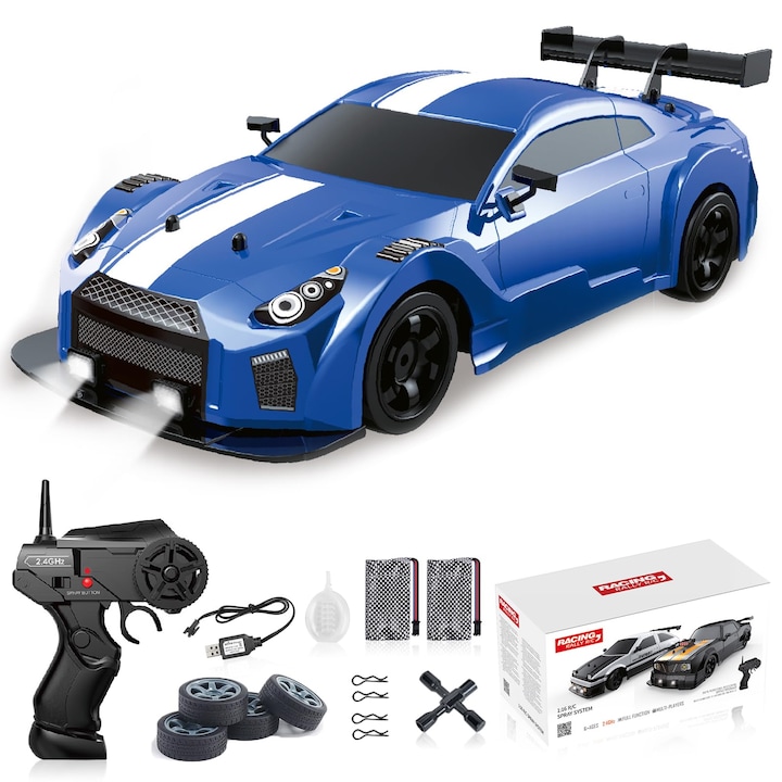 HNSMART Кола с дистанционно управление 1:16, 4WD, 18KM/H, Синя, със светодиоди и спрей, 2 акумулаторни батерии