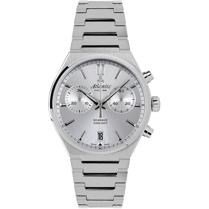 Ceas Atlantic Seawave, quartz, 10 ATM, argint, 40 mm, bratara din inox