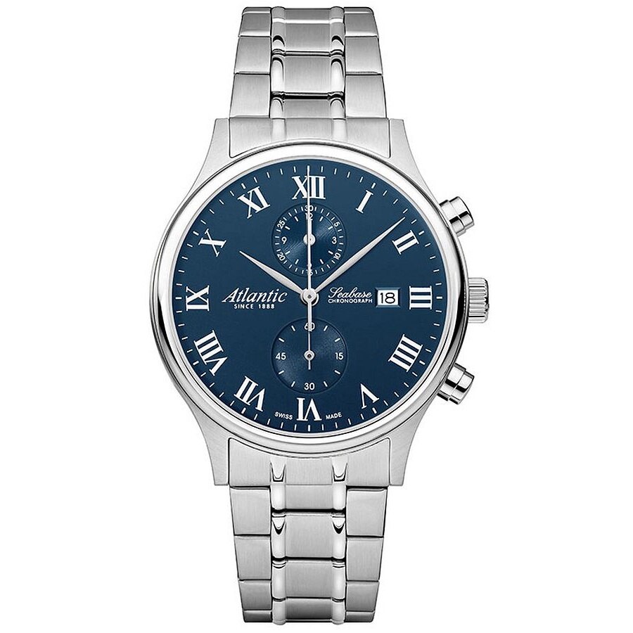 Ceas Atlantic Seabase Chronograph, 42 mm, albastru, inox, 5 ATM ...