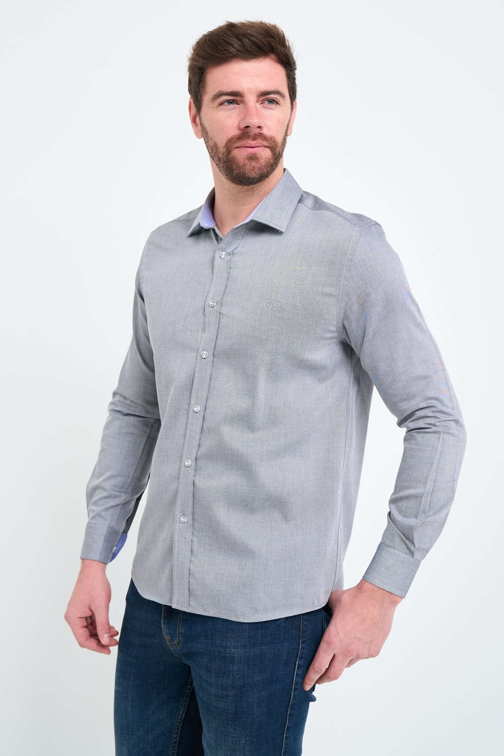 TIMEOUT, Camasa din bumbac cu maneci lungi, Gri deschis, XL