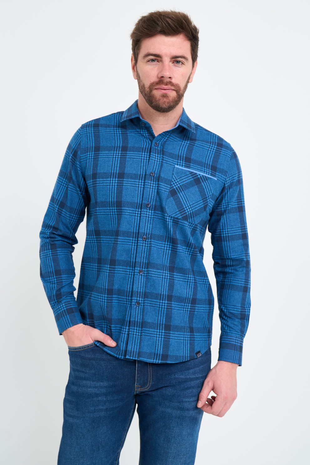 Lee Cooper, Camasa din bumbac cu model in carouri si maneci lungi, Negru, Albastru inchis, M