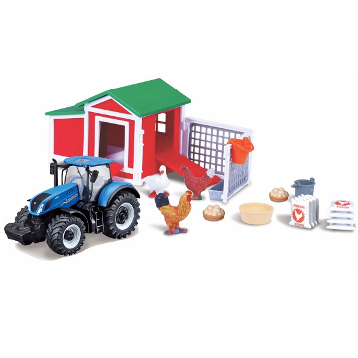 Set FarmLand BBurago, Chicken Coop Play set, tractor New Holland T7.315 HD, albastru