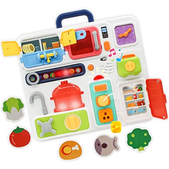 Servieta senzoriala tip Montessori, cu accesorii interactive bucatarie, cu lumini si sunete, pentru copii cu varsta 18luni++