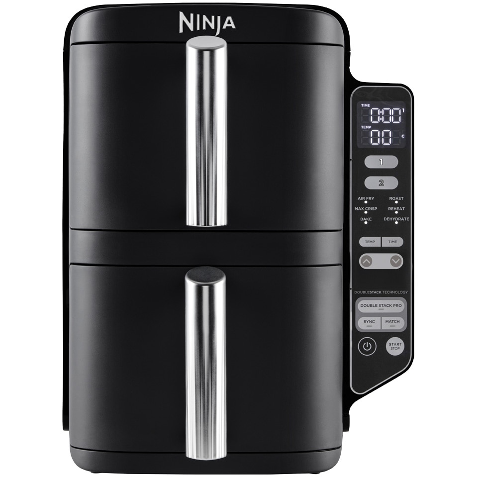 Friteuza cu aer cald Ninja Double Stack SL300, 2470W, 7.6l, 6 functii de gatit, 2 sertare suprapuse cu acoperire ceramica, 2 placi Crisp cu invelis ceramic, cu 75% mai putine grasi