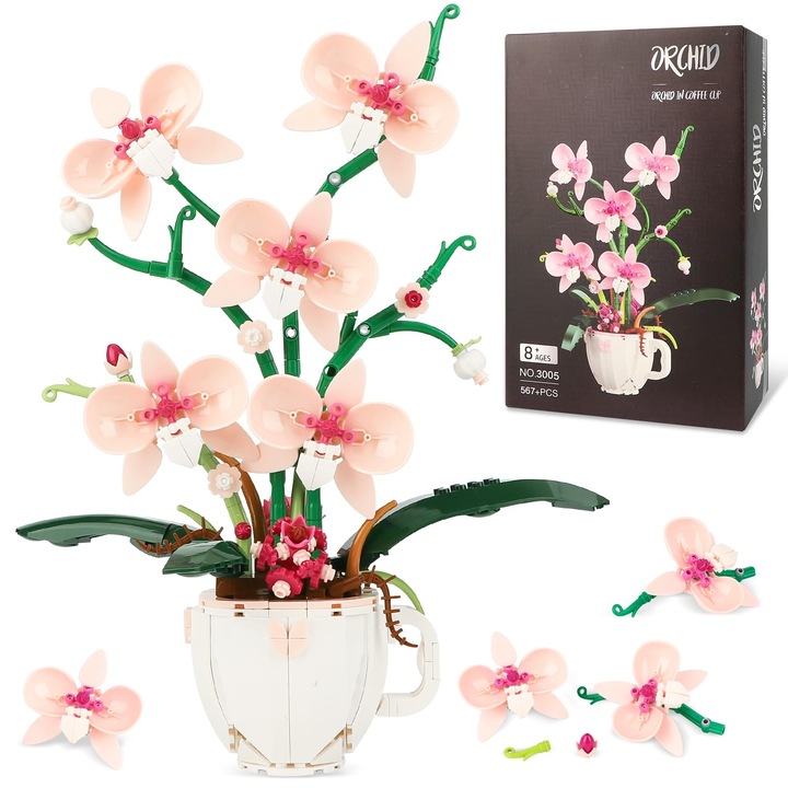 Set de constructie 567 piese, cadou de decorare cu flori pentru fete adulte 8-16 ani, idee de cadou pentru ziua mamei, WALALLA, orhidee roz verde/alb, 9.8x6.8x12.8in