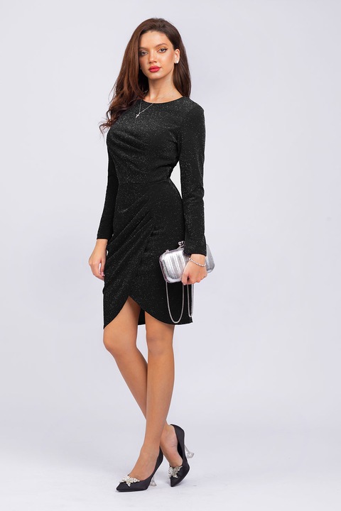 CAMISSI, Rochie cambrata cu aspect stralucitor si maneci lungi, Negru/Argintiu
