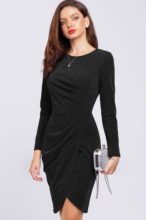 CAMISSI, Rochie cambrata cu aspect stralucitor si maneci lungi, Negru/Argintiu