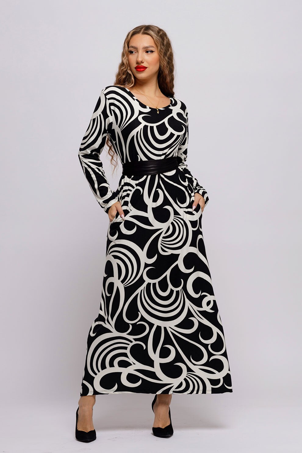 CAMISSI, Rochie cu model si buzunare laterale, Negru, Alb optic, S-M