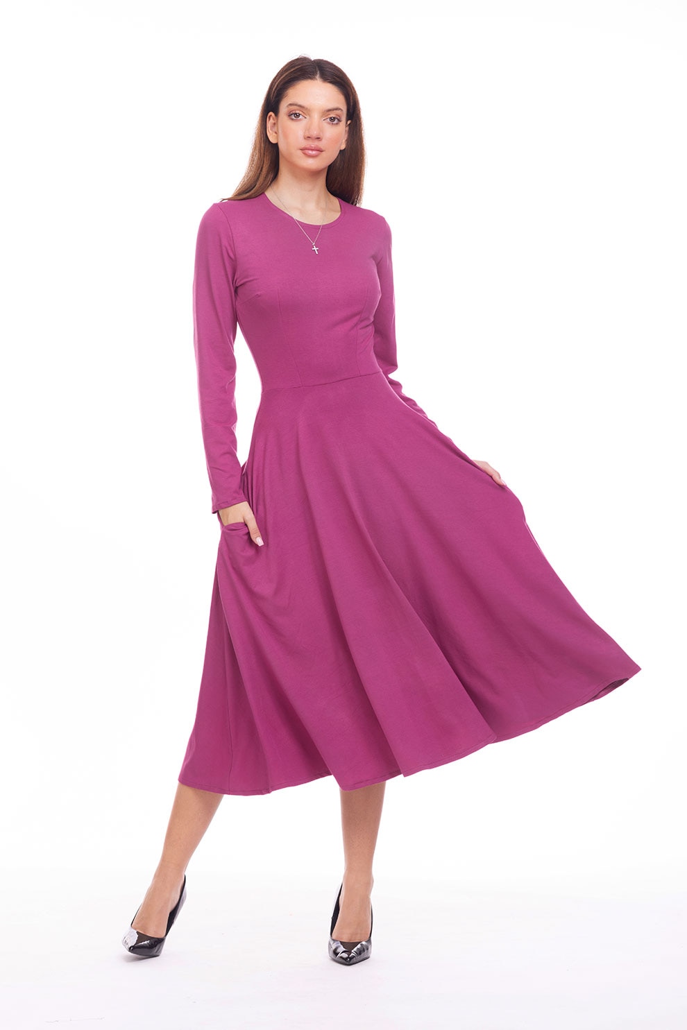 CAMISSI, Rochie midi evazata cu buzunare, Roz inchis, S