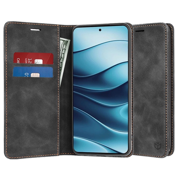 Husa pentru Xiaomi Redmi Note 14, U58, Piele ecologica, Black