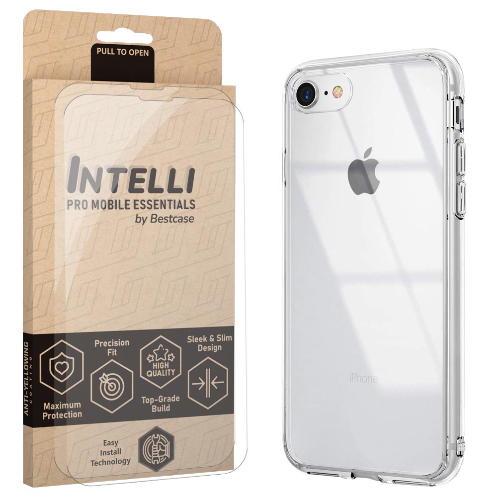 Intelli® Szett tok és 2x üvegfólia Apple iPhone SE 3 / iPhone SE 2 / iPhone 8 / iPhone 7 készülékhez, átlátszó szilikon 2MM, ütésálló, 360°-os hátlap + képernyő védelem, átlátszó