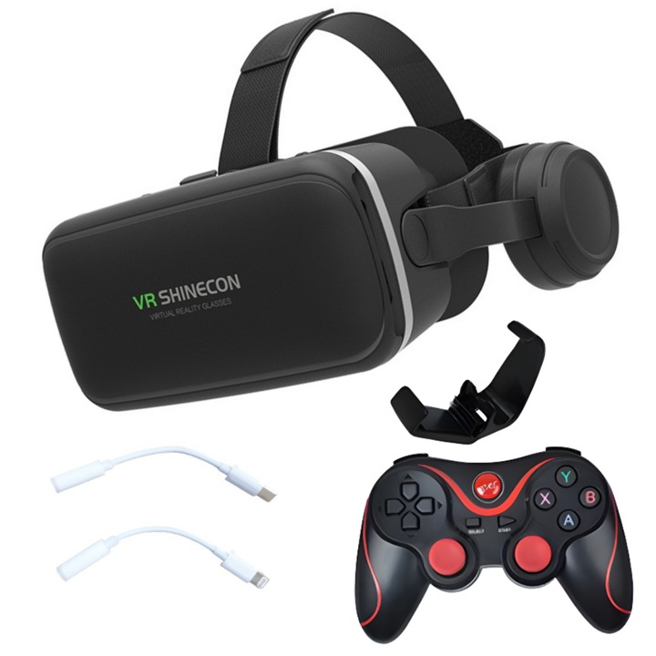 3D VR очила, регулируеми слушалки с 3D стерео звук и 3,5 mm Type C/iOS адаптери, модерен геймпад/контролер с отделяща се опора, съвместим за смартфони от всякакъв размер, първокласно качество, Android/iOS/PC/TV връзка, черни