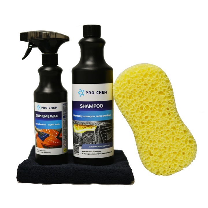 Set 4x Detailing Auto Profesional, Curatare Caroserie Pro-Chem – Sampon 1000ml, Ceara Supreme 500ml, Laveta, Burete 40x40 cm