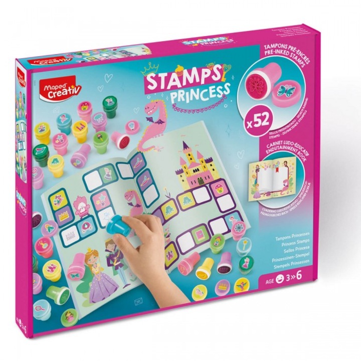 Set de 52 stampile colorate cu tematica printeselor, Maped, 1 carticica educationala, 305x250x40mm