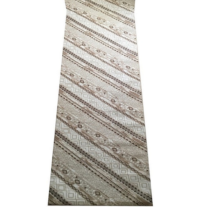 Traversa Antiderapanta cu Model Rustic, Maro cu Bej, Poliester, 80 x 320 cm