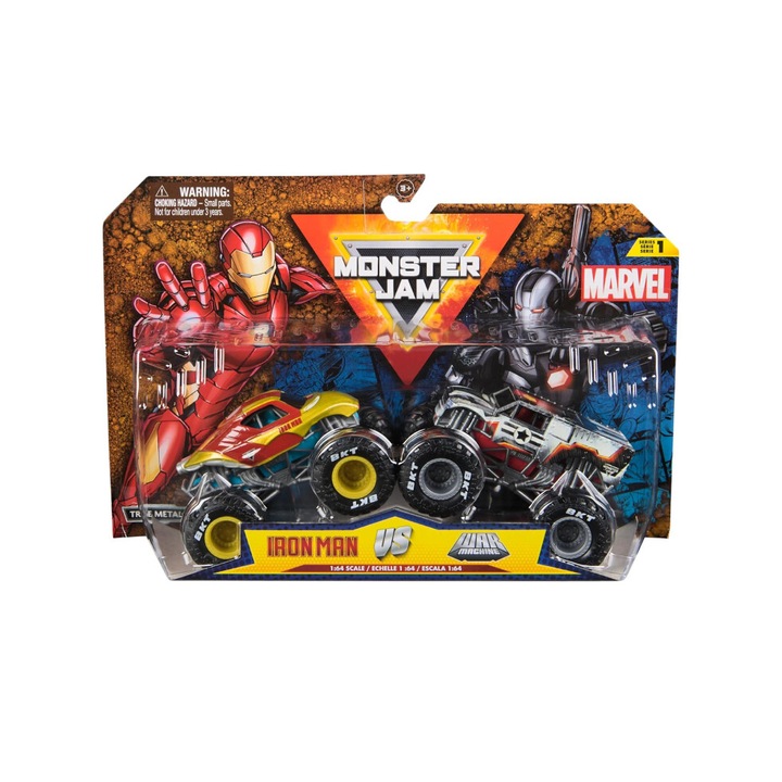Set Masinute Monster Jam 1:64 Marvel 2 Pack - Iron Man Vs War Machine